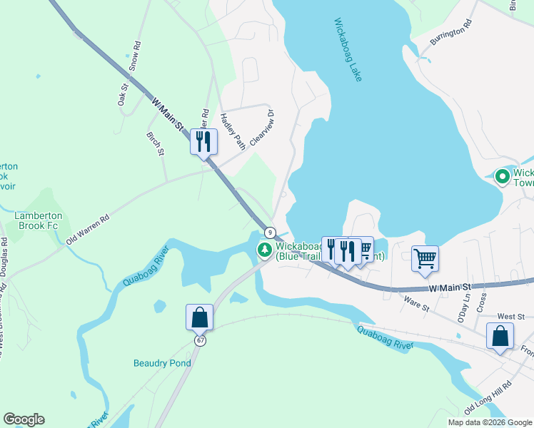 map of restaurants, bars, coffee shops, grocery stores, and more near 25 Lake Shore Drive in West Brookfield