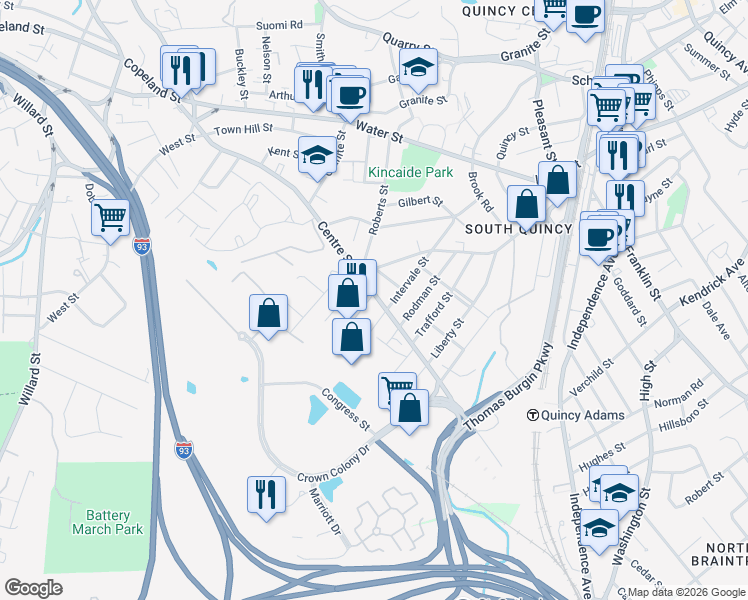 map of restaurants, bars, coffee shops, grocery stores, and more near 263 Centre Street in Quincy