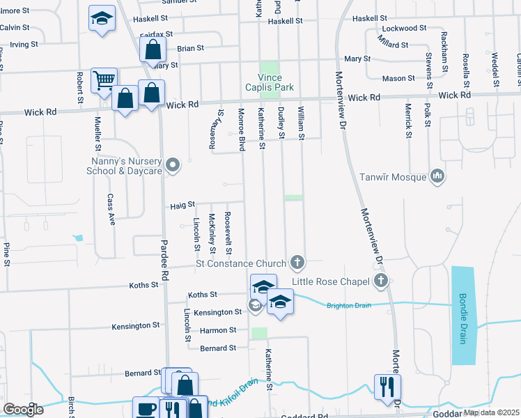 map of restaurants, bars, coffee shops, grocery stores, and more near 9720 Katherine Street in Taylor