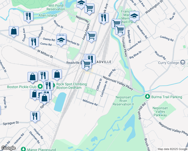 map of restaurants, bars, coffee shops, grocery stores, and more near 209 Neponset Valley Parkway in Boston