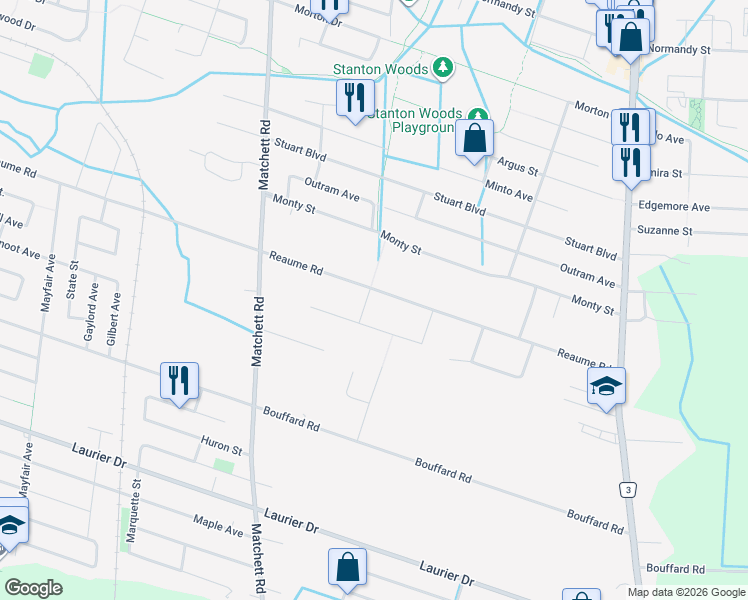 map of restaurants, bars, coffee shops, grocery stores, and more near 1223 Reaume Road in Windsor