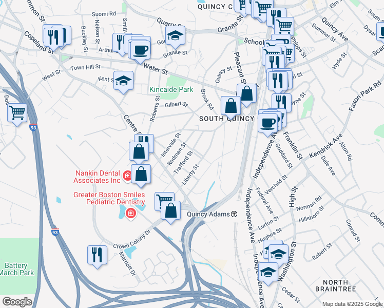 map of restaurants, bars, coffee shops, grocery stores, and more near 53 Taber Street in Quincy