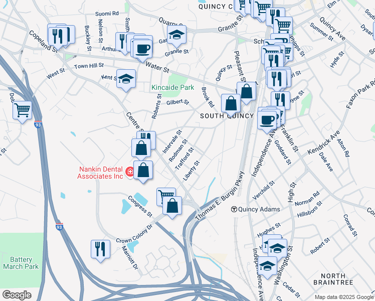 map of restaurants, bars, coffee shops, grocery stores, and more near 42 Rodman Street in Quincy