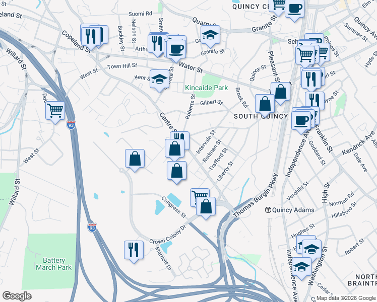 map of restaurants, bars, coffee shops, grocery stores, and more near 263 Centre Street in Quincy