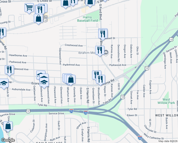 map of restaurants, bars, coffee shops, grocery stores, and more near 412 South Harris Road in Ypsilanti