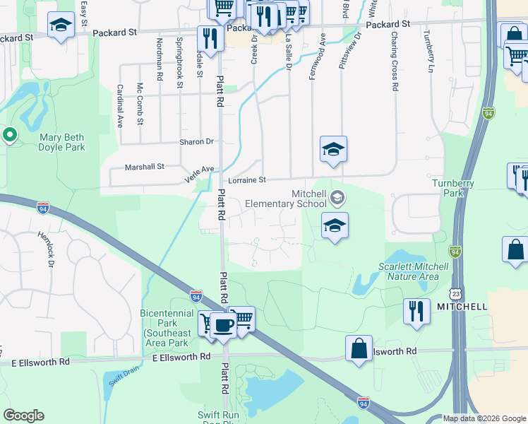 map of restaurants, bars, coffee shops, grocery stores, and more near 3349 Williamsburg Road in Ann Arbor