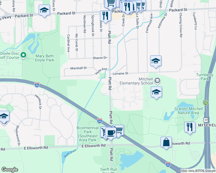 map of restaurants, bars, coffee shops, grocery stores, and more near 3567 Platt Road in Ann Arbor