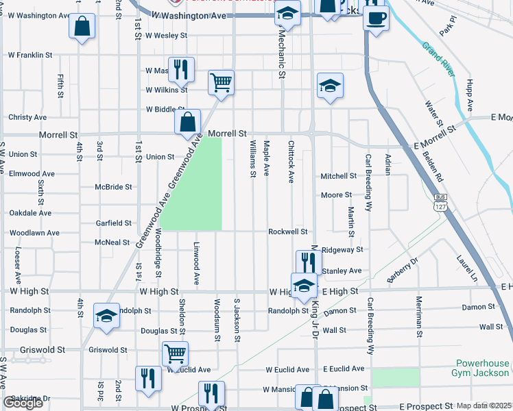 map of restaurants, bars, coffee shops, grocery stores, and more near 1020 Williams Street in Jackson