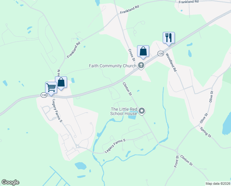 map of restaurants, bars, coffee shops, grocery stores, and more near 132 East Main Street in Hopkinton