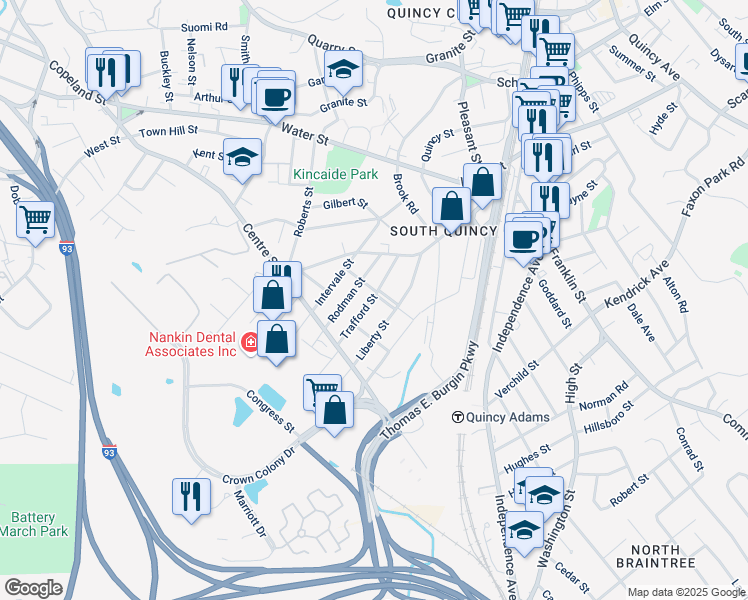 map of restaurants, bars, coffee shops, grocery stores, and more near 53 Taber Street in Quincy