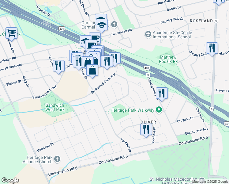 map of restaurants, bars, coffee shops, grocery stores, and more near Harvest Bend Road in Windsor