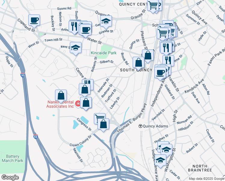 map of restaurants, bars, coffee shops, grocery stores, and more near 42 Rodman Street in Quincy