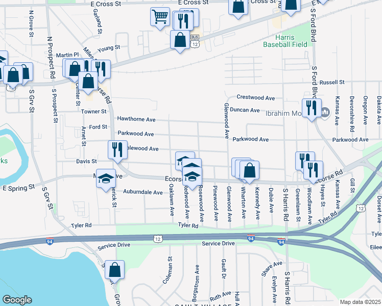 map of restaurants, bars, coffee shops, grocery stores, and more near 1046 Maplewood Avenue in Ypsilanti