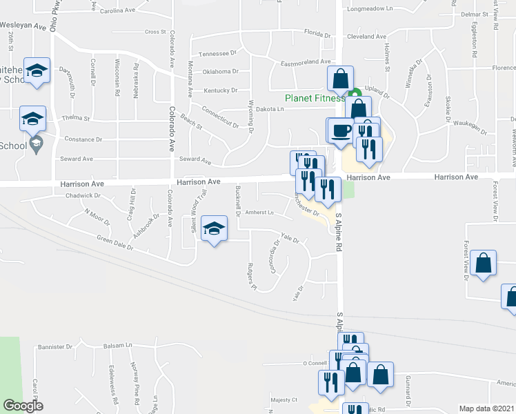 map of restaurants, bars, coffee shops, grocery stores, and more near 4120 Amherst Lane in Rockford