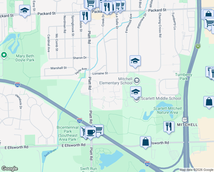 map of restaurants, bars, coffee shops, grocery stores, and more near 3349 Williamsburg Road in Ann Arbor