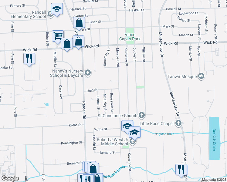 map of restaurants, bars, coffee shops, grocery stores, and more near 9710 Monroe Boulevard in Taylor