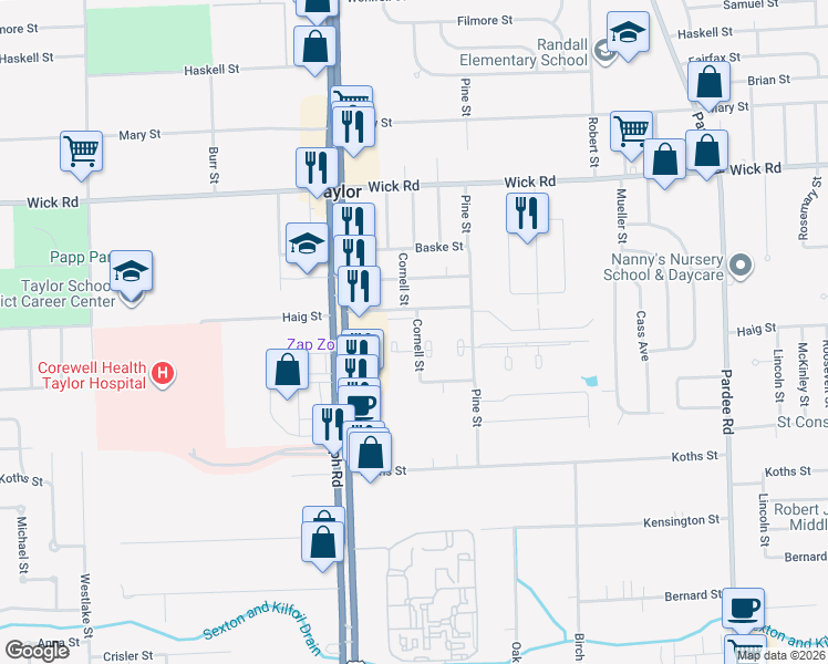 map of restaurants, bars, coffee shops, grocery stores, and more near 9603 Cornell Street in Taylor