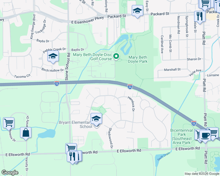 map of restaurants, bars, coffee shops, grocery stores, and more near 8 Faust Court in Ann Arbor