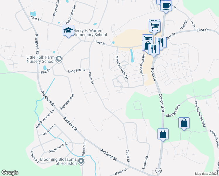 map of restaurants, bars, coffee shops, grocery stores, and more near 14 Running Brook Circle in Ashland