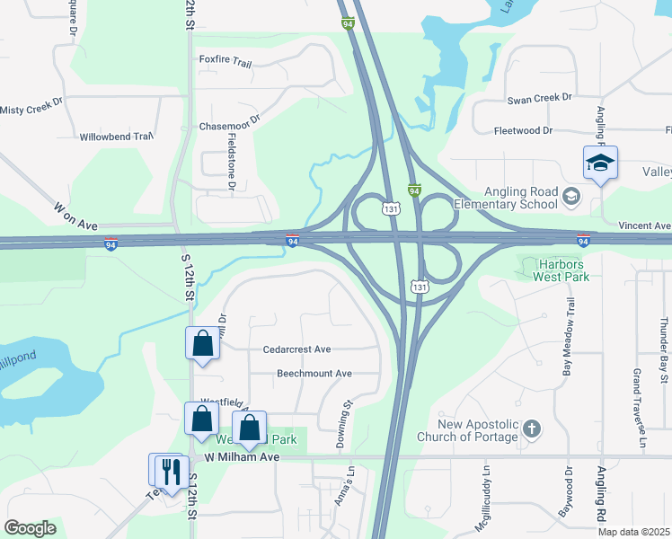 map of restaurants, bars, coffee shops, grocery stores, and more near 4340 Briarhill Drive in Portage