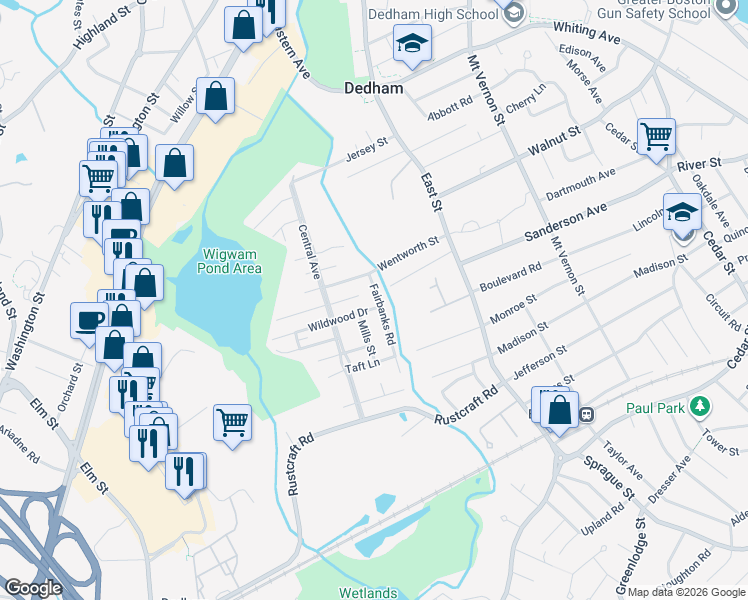 map of restaurants, bars, coffee shops, grocery stores, and more near 165 Fairbanks Road in Dedham