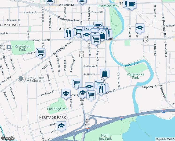map of restaurants, bars, coffee shops, grocery stores, and more near 310 South Adams Street in Ypsilanti