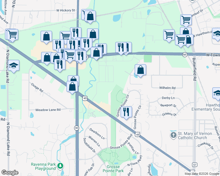 map of restaurants, bars, coffee shops, grocery stores, and more near 25635 U.S. 45 in Mundelein