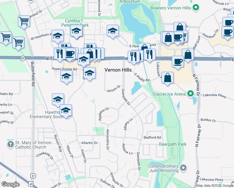 map of restaurants, bars, coffee shops, grocery stores, and more near 500 Atrium Drive in Vernon Hills