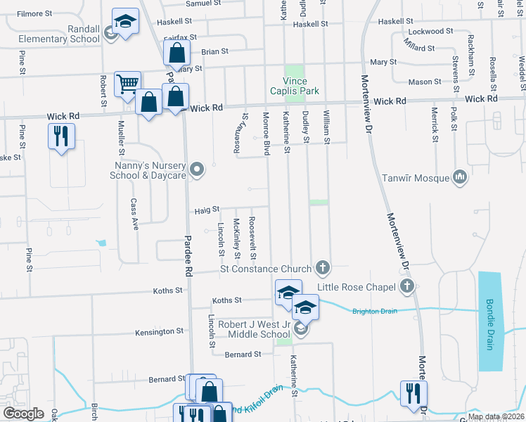 map of restaurants, bars, coffee shops, grocery stores, and more near 9710 Monroe Blvd in Taylor