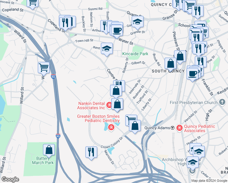 map of restaurants, bars, coffee shops, grocery stores, and more near 23 Branch Street in Quincy