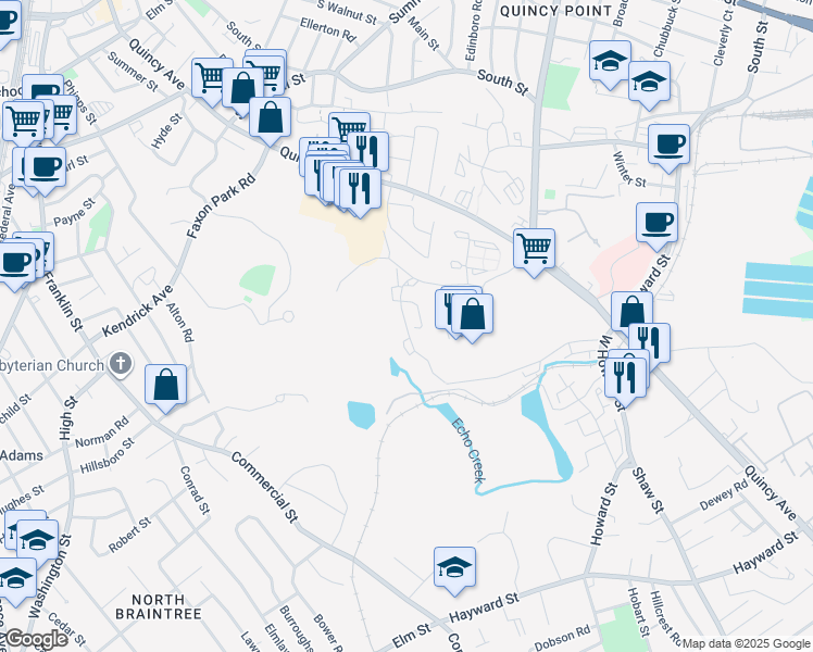 map of restaurants, bars, coffee shops, grocery stores, and more near 12 Falls Boulevard in Quincy