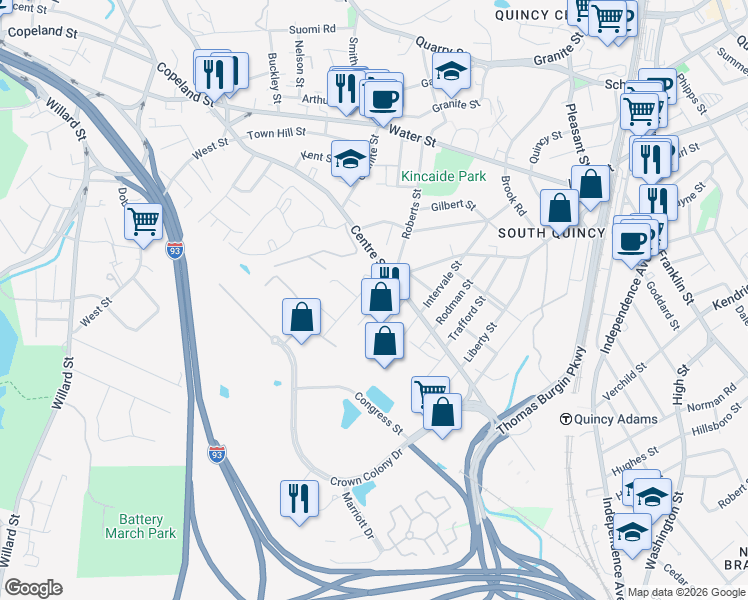 map of restaurants, bars, coffee shops, grocery stores, and more near 30 Albertina Street in Quincy