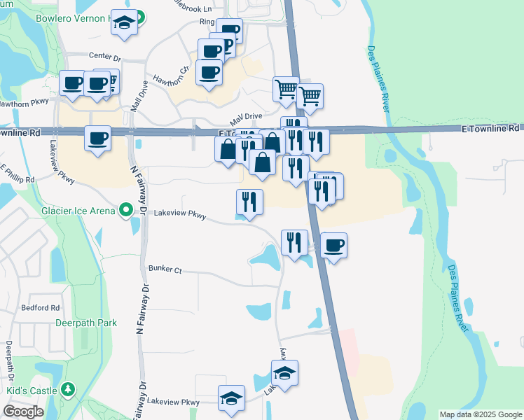 map of restaurants, bars, coffee shops, grocery stores, and more near 555 Lakeview Pkwy in Vernon Hills