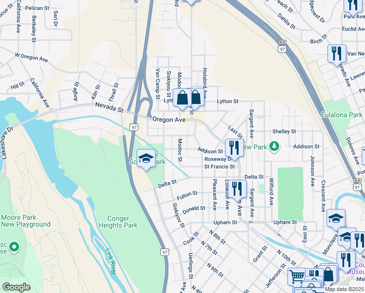 map of restaurants, bars, coffee shops, grocery stores, and more near 405 Addison Street in Klamath Falls
