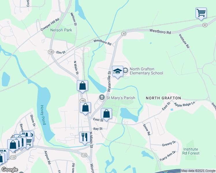 map of restaurants, bars, coffee shops, grocery stores, and more near 37 Waterville Street in Grafton