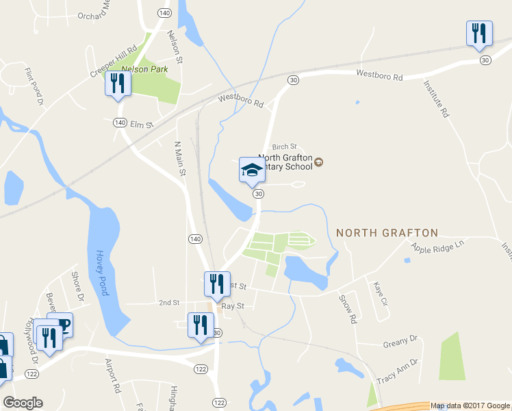 map of restaurants, bars, coffee shops, grocery stores, and more near 37 Waterville Street in Grafton