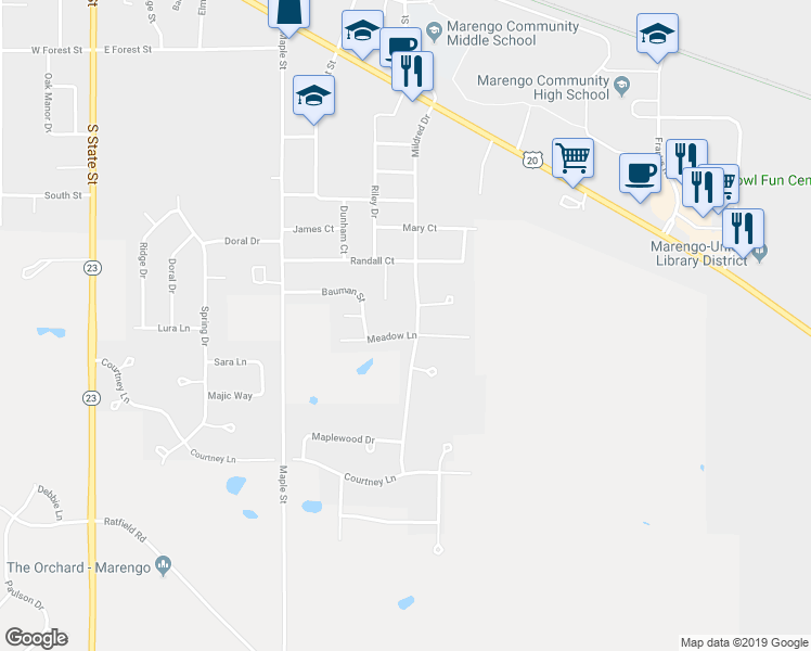 map of restaurants, bars, coffee shops, grocery stores, and more near 726 Mildred Drive in Marengo