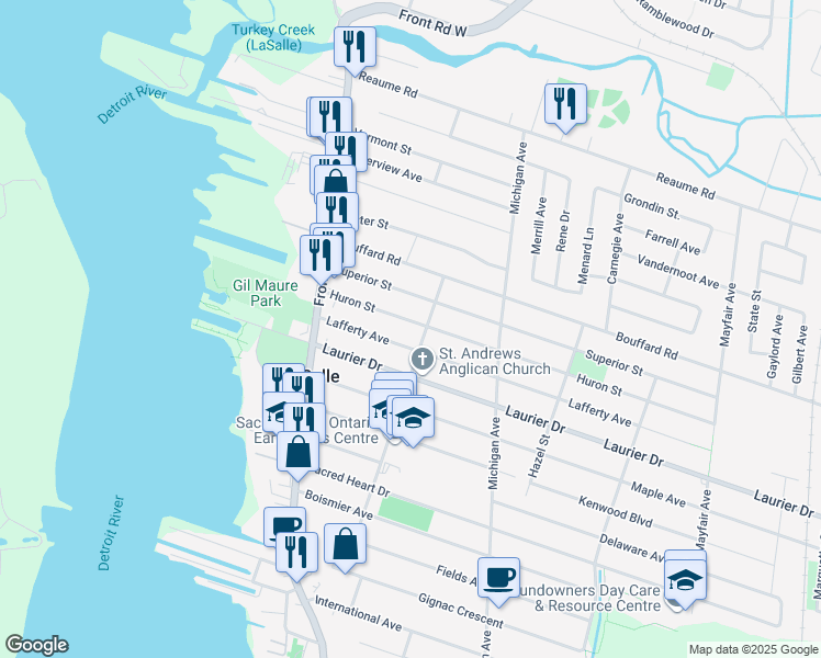 map of restaurants, bars, coffee shops, grocery stores, and more near 192 Huron Street in Windsor