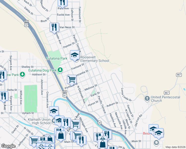 map of restaurants, bars, coffee shops, grocery stores, and more near 2035 Portland Street in Klamath Falls