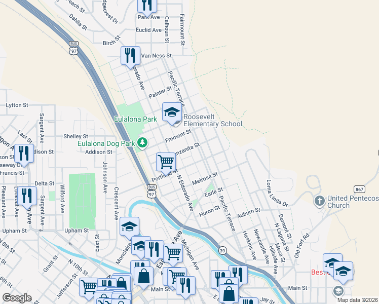 map of restaurants, bars, coffee shops, grocery stores, and more near 1935 Manzanita Street in Klamath Falls