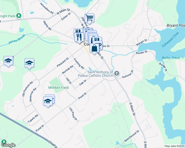 map of restaurants, bars, coffee shops, grocery stores, and more near 89 Cushing Road in Cohasset