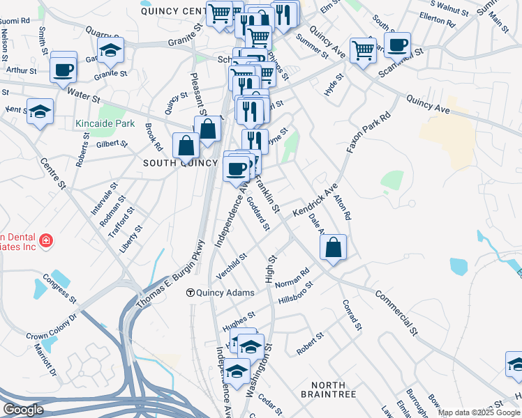map of restaurants, bars, coffee shops, grocery stores, and more near 211 Franklin Street in Quincy