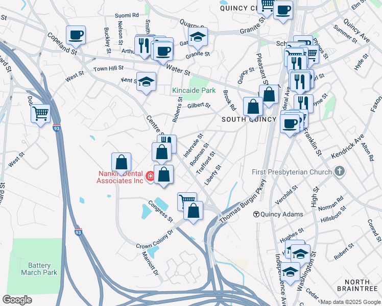 map of restaurants, bars, coffee shops, grocery stores, and more near 115 Intervale Street in Quincy