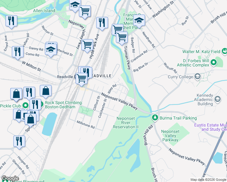 map of restaurants, bars, coffee shops, grocery stores, and more near 15 Riley Road in Boston