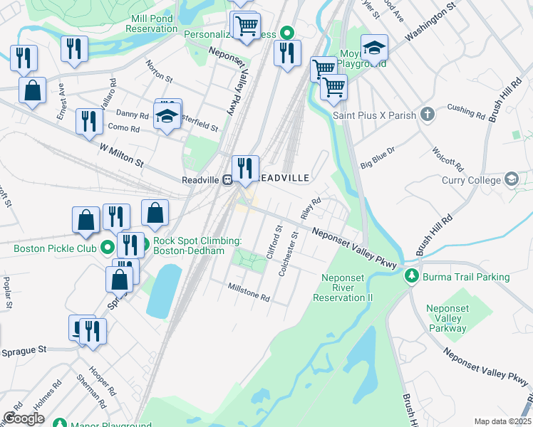map of restaurants, bars, coffee shops, grocery stores, and more near 201 Neponset Valley Parkway in Boston