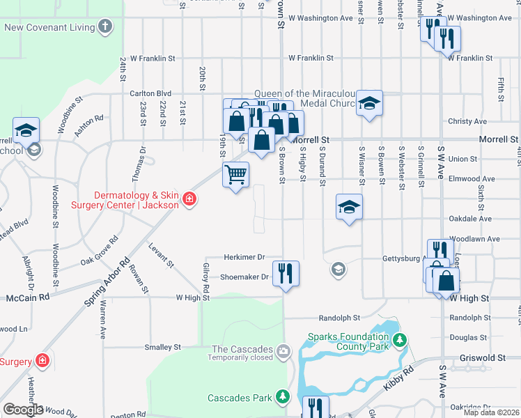 map of restaurants, bars, coffee shops, grocery stores, and more near 1024 South Brown Street in Jackson