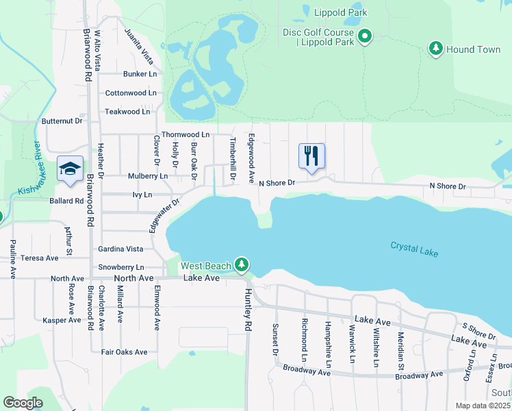 map of restaurants, bars, coffee shops, grocery stores, and more near 1141 North Shore Drive in Crystal Lake