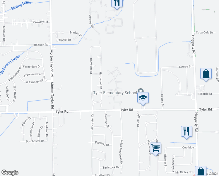 map of restaurants, bars, coffee shops, grocery stores, and more near 9054 Parkwood Street in Van Buren Charter Township