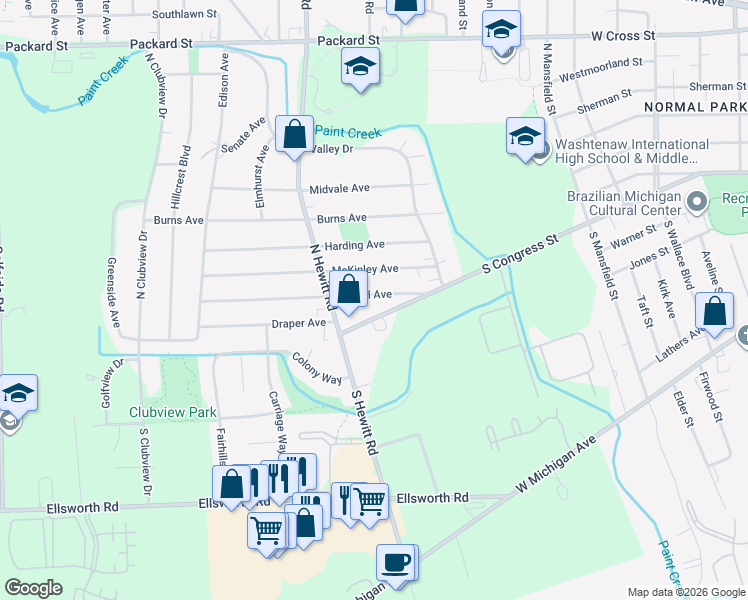 map of restaurants, bars, coffee shops, grocery stores, and more near 2055 Merrill Avenue in Ypsilanti