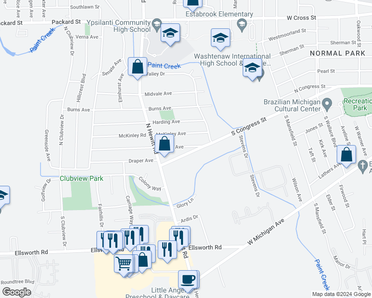 map of restaurants, bars, coffee shops, grocery stores, and more near 2025 Merrill Avenue in Ypsilanti